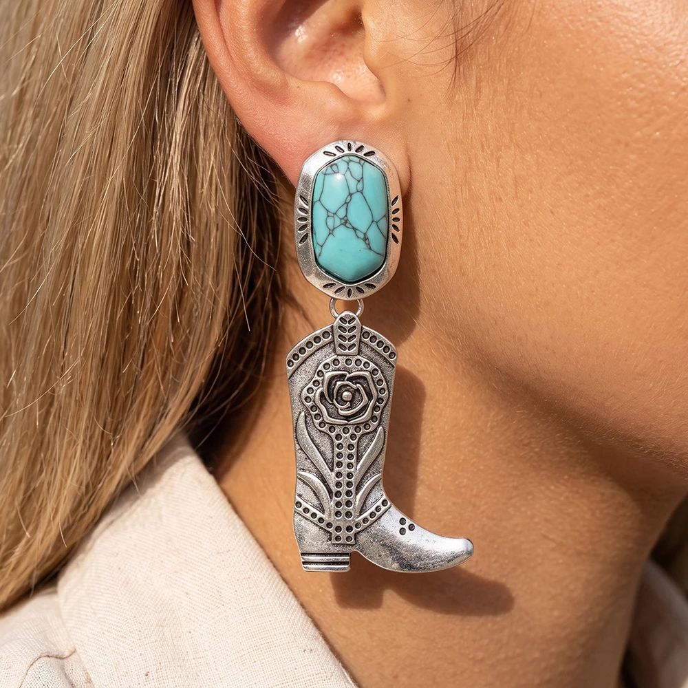 Turquoise Tooled Cowboy Boot Dangle Earrings