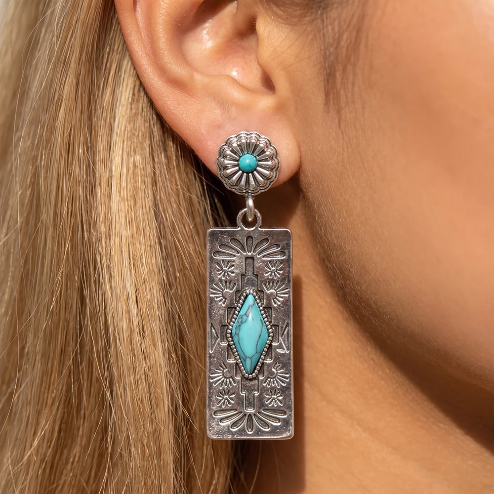 Turquoise Aztec Etched Rectangle Drop Earrings