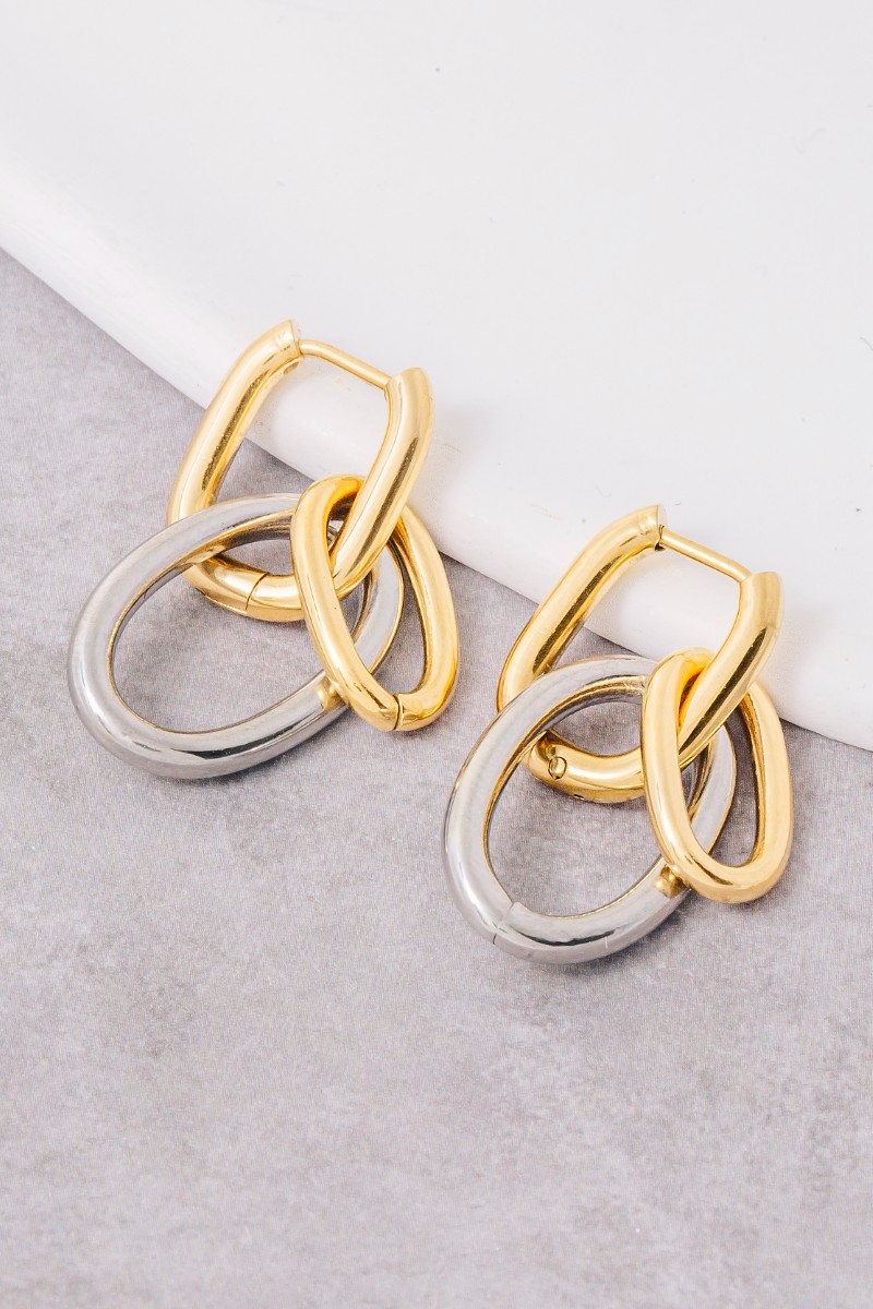 Stainless Steel Two Tone Ring Links Drop Earrings