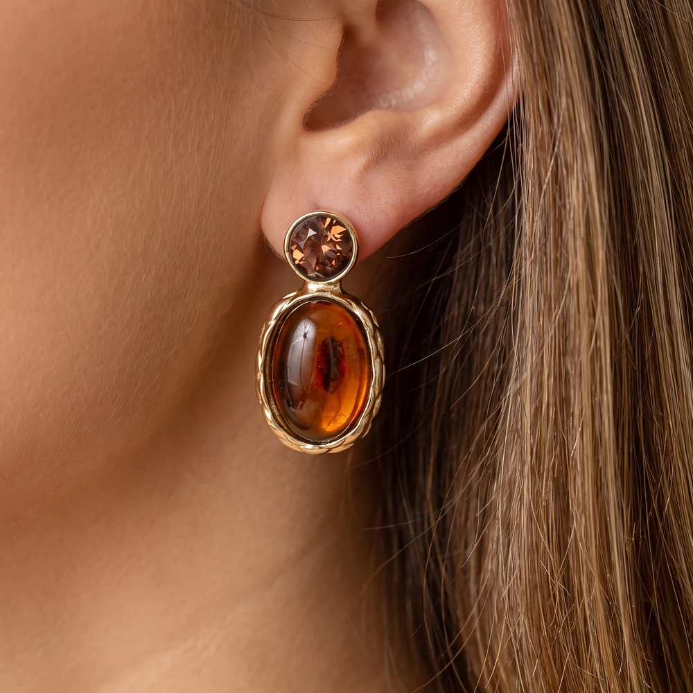 Round Faceted Oval Cabochon Double Drop Earrings