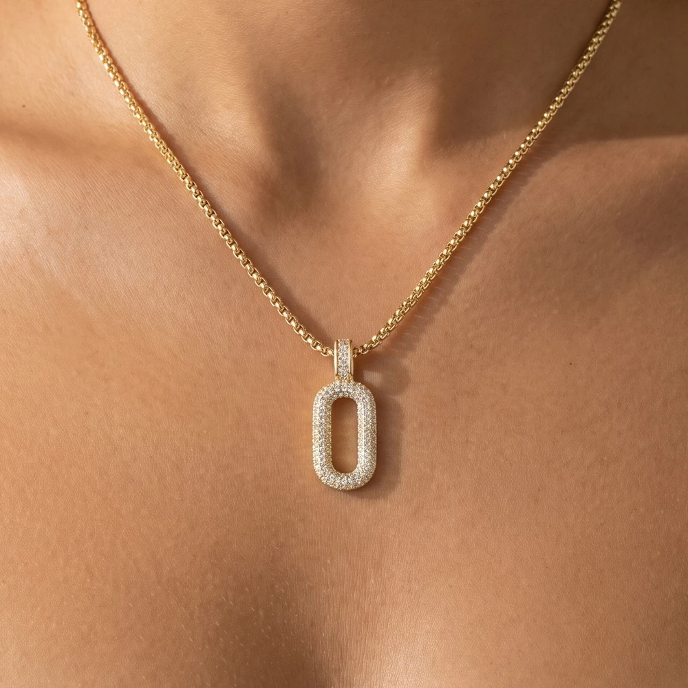 Pave Cz Paperclip Link Pendant Necklace