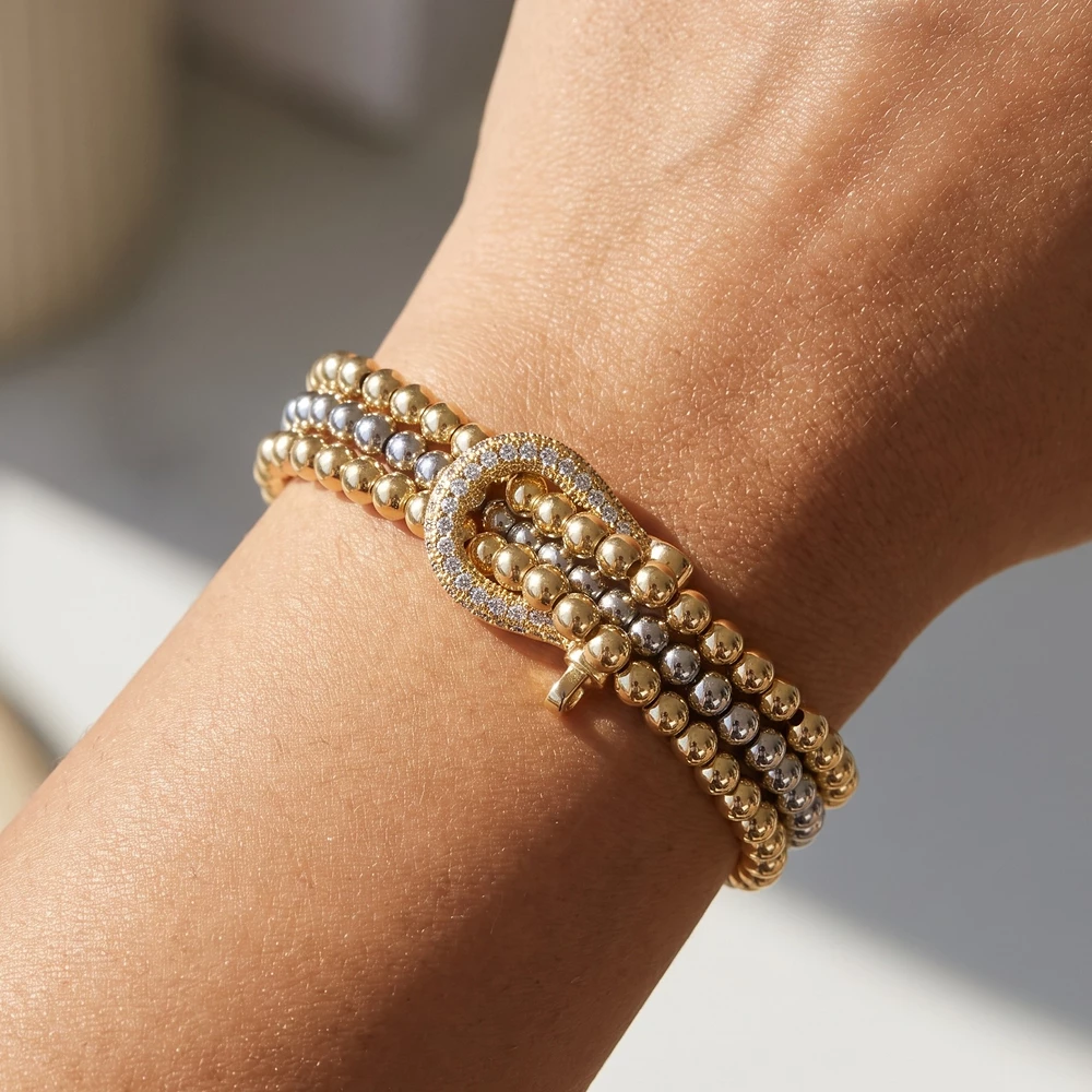 Two Tone Beaded Triple Strand Stretch Bracelet