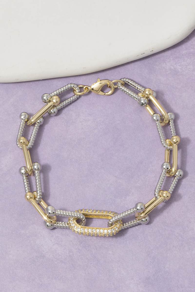 Two Tone Chain Link Bracelet With Cz Carabiner