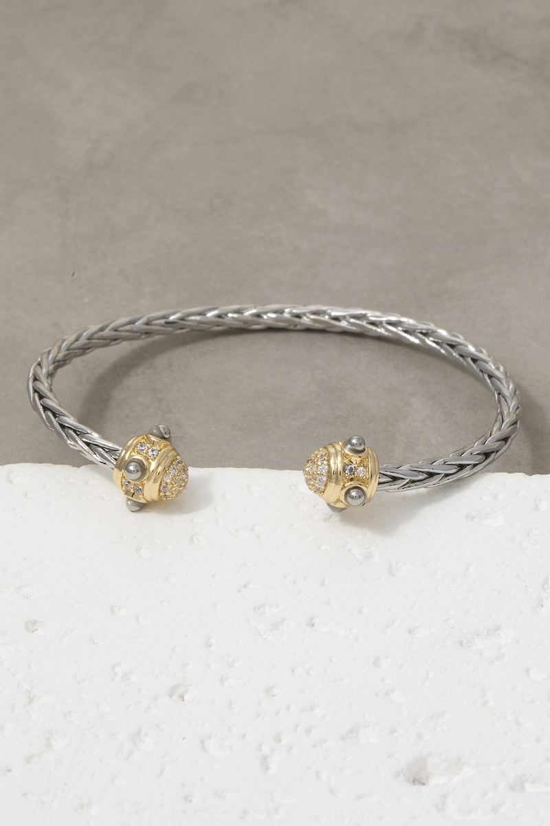 Stainless Steel Herringbone Cz Pave Open Cuff Bracelet
