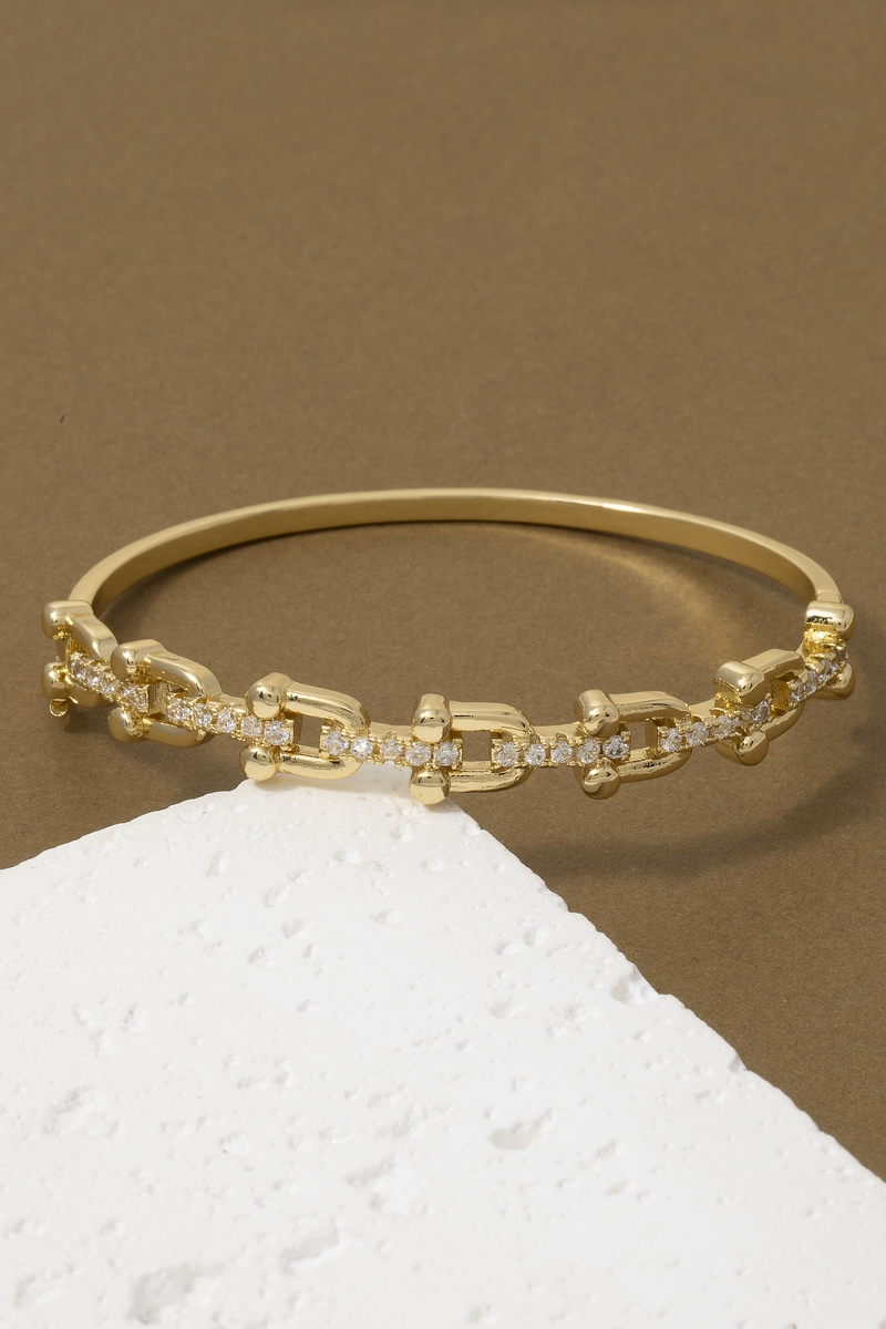 Gold Dipped Cz Pave Chain Link Hinged Bangle Bracelet