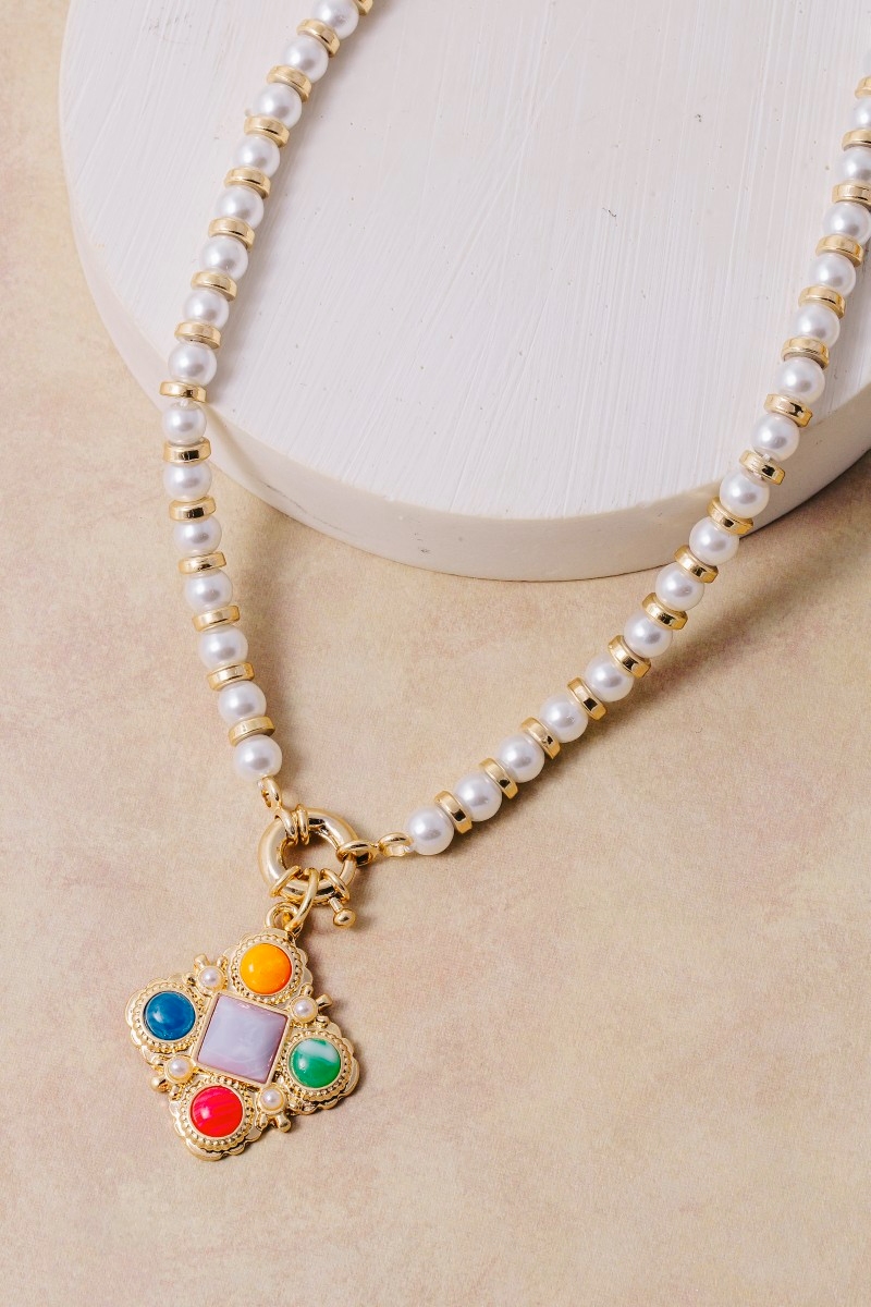 Pearl Beaded Gemstone Clover Pendant Necklace