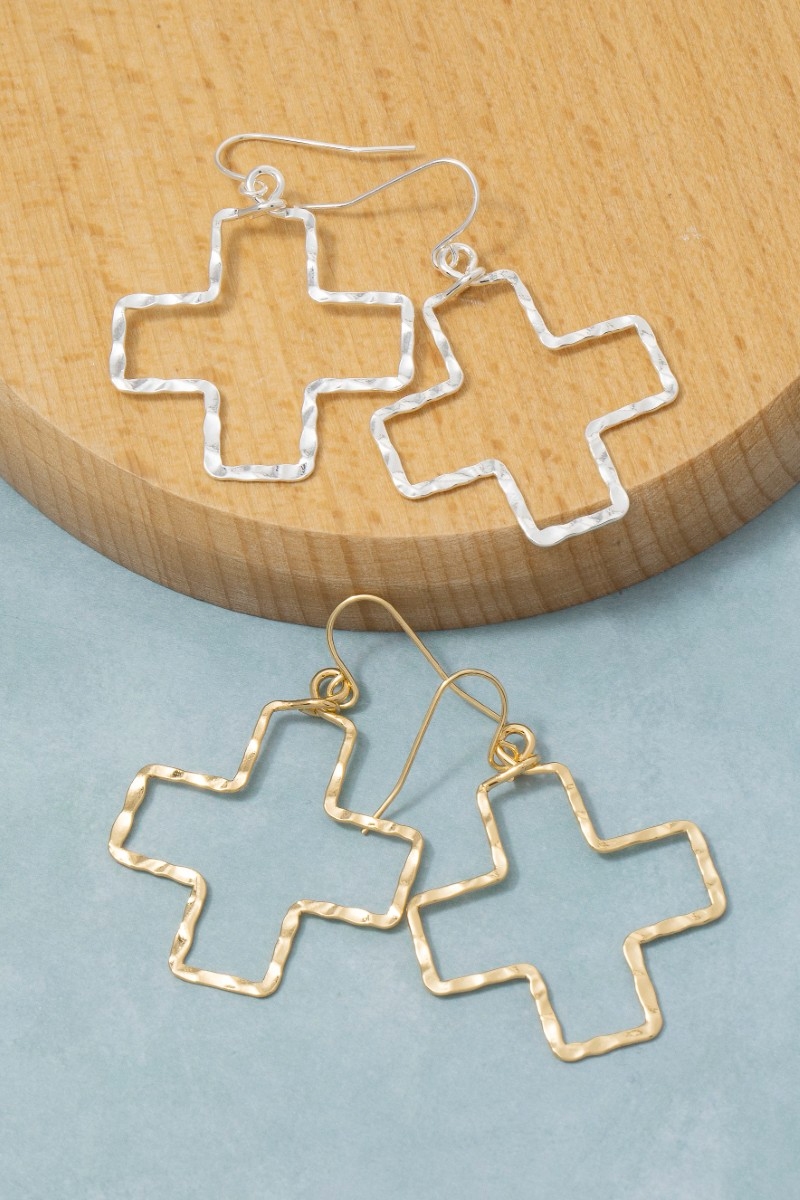 Gold Dipped Hammered Cross Dangle Earrings