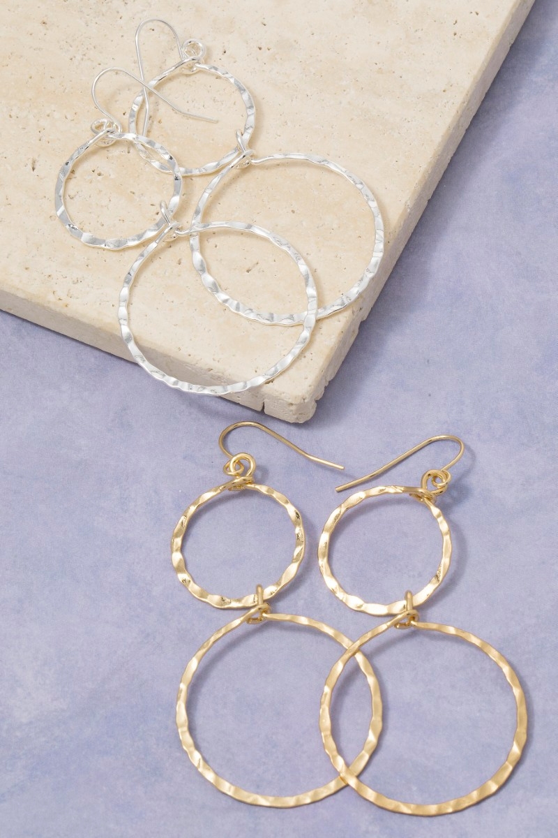 Gold Dipped Hammered Double Hoop Dangle Earrings