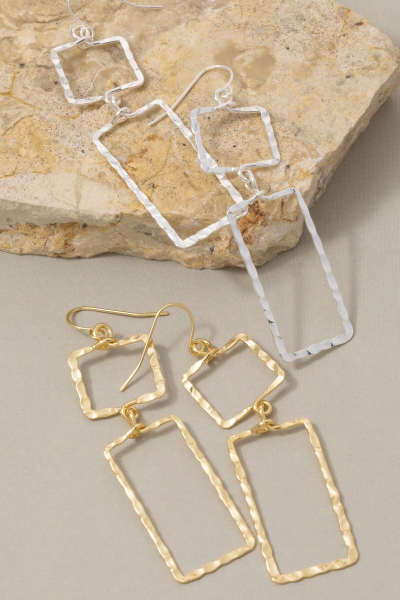Gold Dipped Hammered Square And Rectangle Dangle Earrings