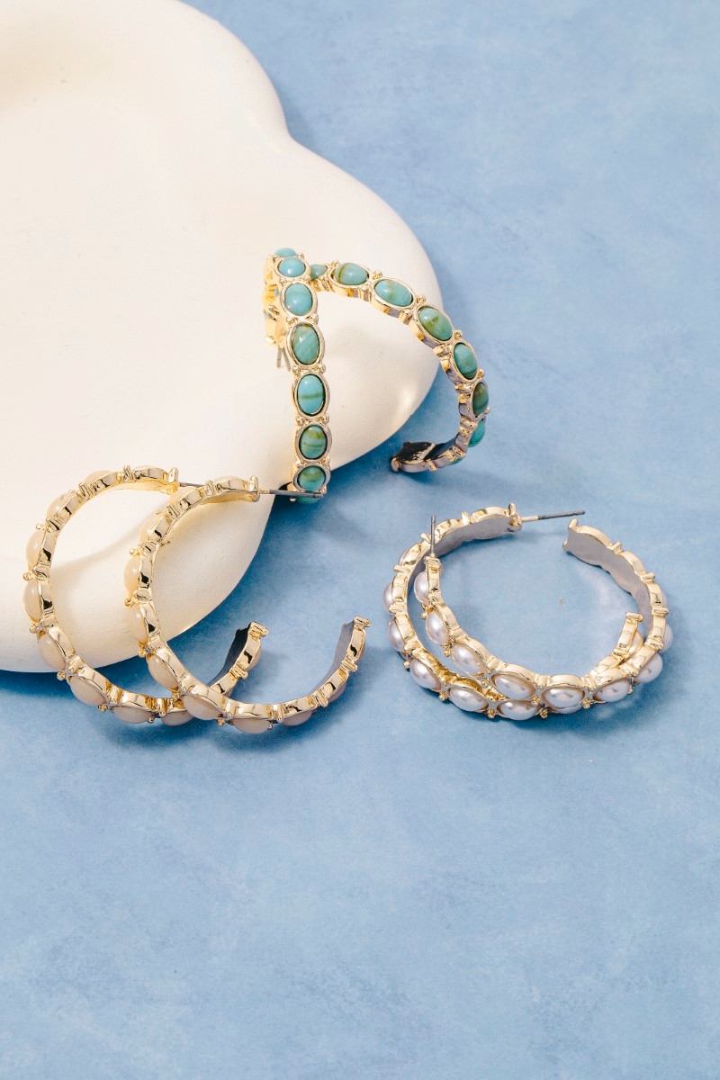 Oval Stones Row Hoop Earrings