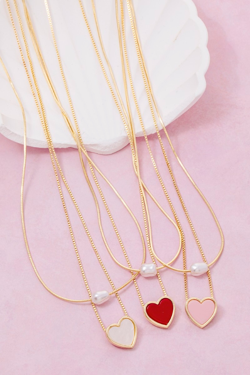 Acrylic Heart And Pearl Pendants Layered Chain Necklace
