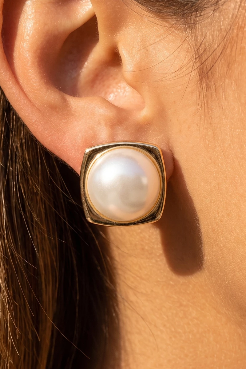 Square Framed Pearl Dome Stud Earrings