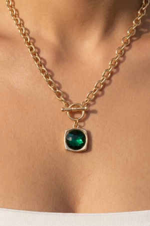 Chunky Chain Crystal Pendant Toggle Necklace