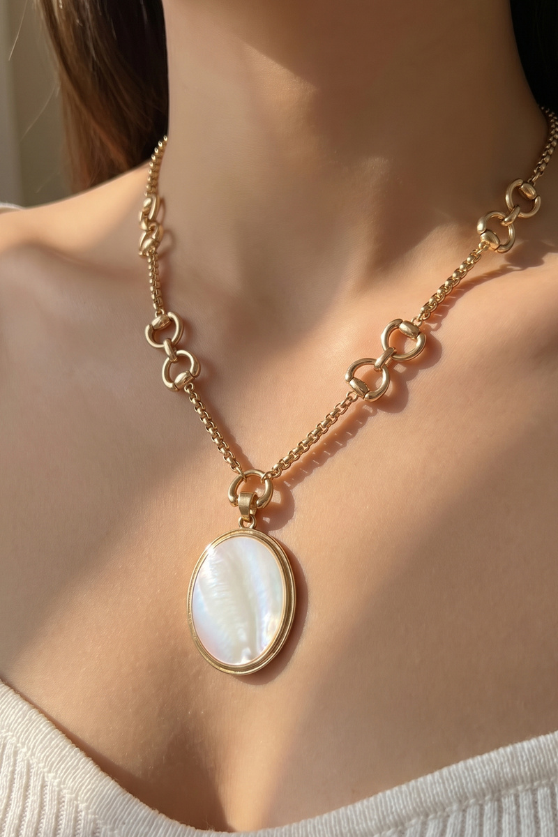 Mother Of Pearl Oval Pendant Horsebit Necklace