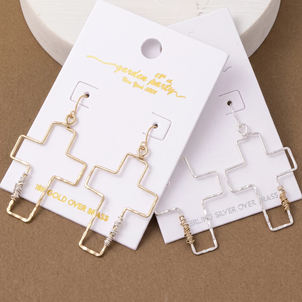18K Gold Dipped Hammered Open Cross Wire Wrap Earrings