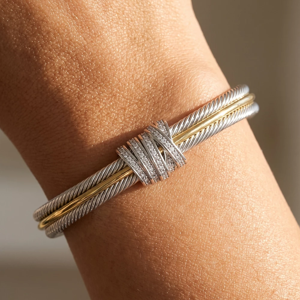 Two Tone Twisted Cable Wrapped Cuff Bracelet