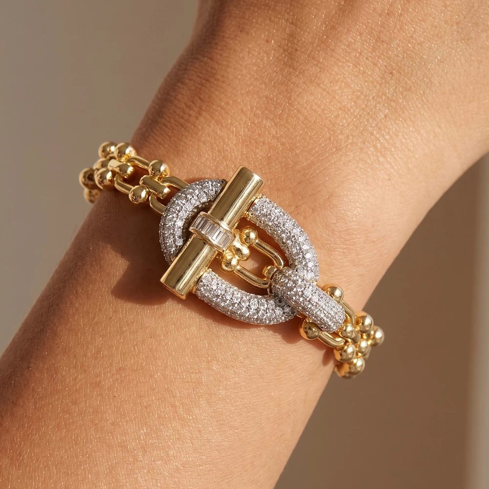 Cz Pave Oval Buckle Panther Link Bangle Bracelet