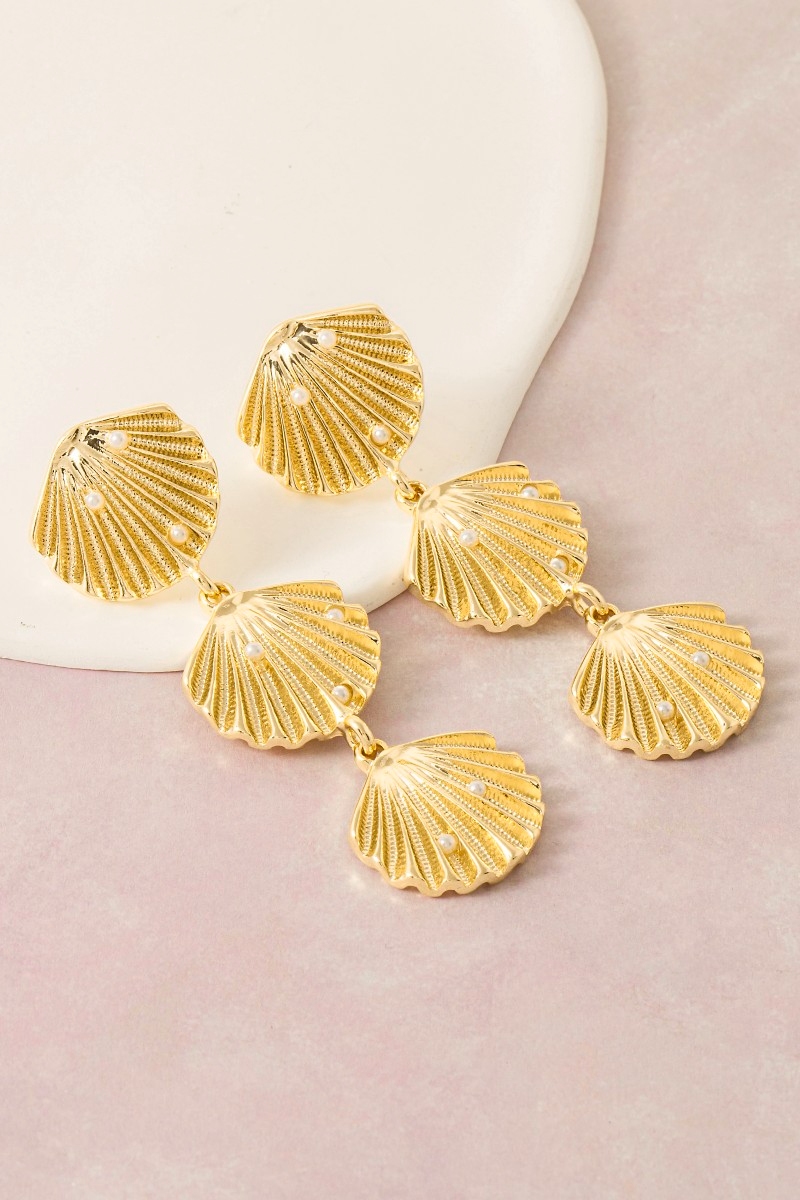 Triple Sea Shell Linked Dangle Earrings