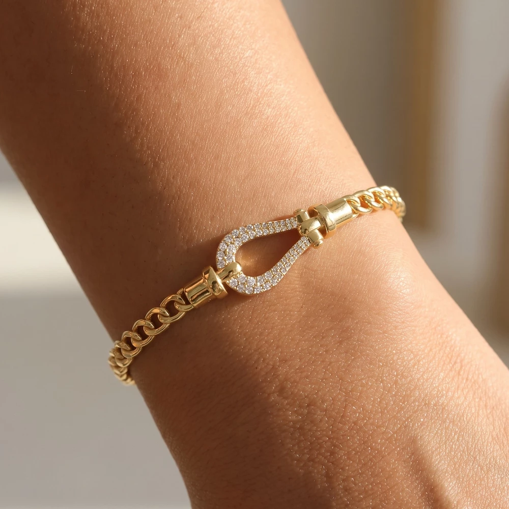 Cz Buckle Curb Chain Open Cuff Bracelet