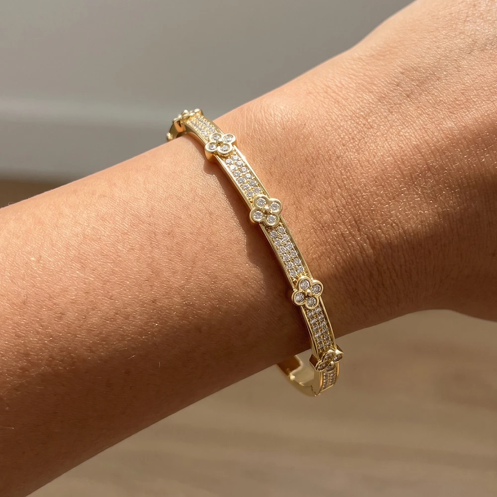 Cz Flower Station Pave Hinged Bangle Bracelet