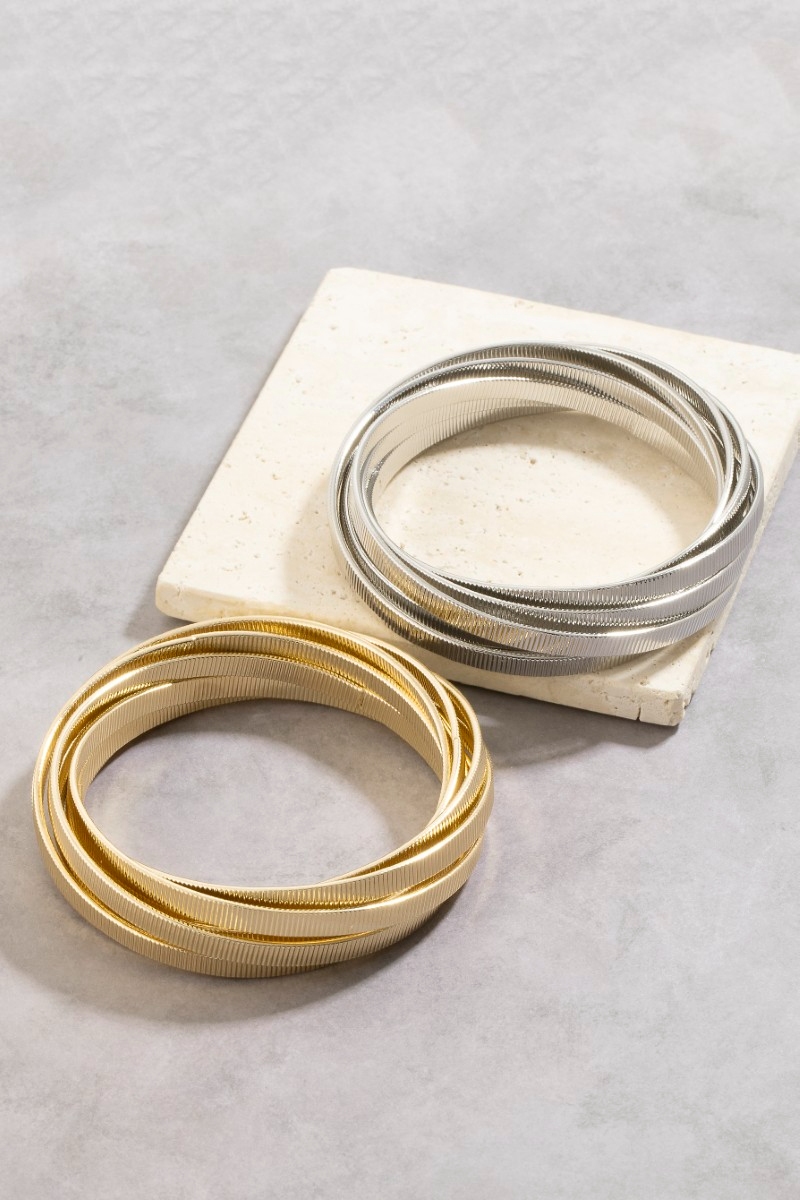 Wide Grooved Metallic Bangle Bracelets Set