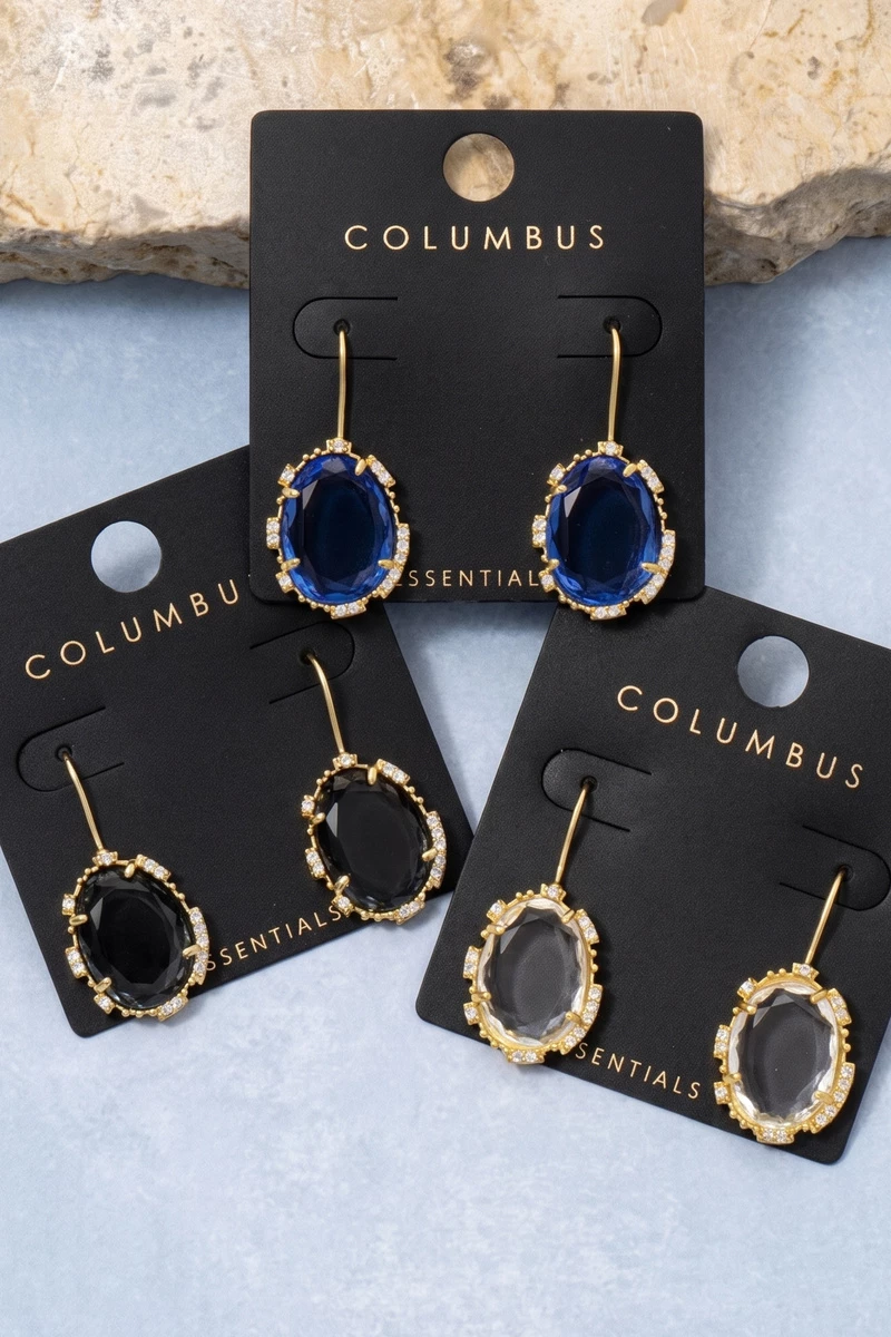 Faceted Crystal Oval Drop Earrings With Cz Halo