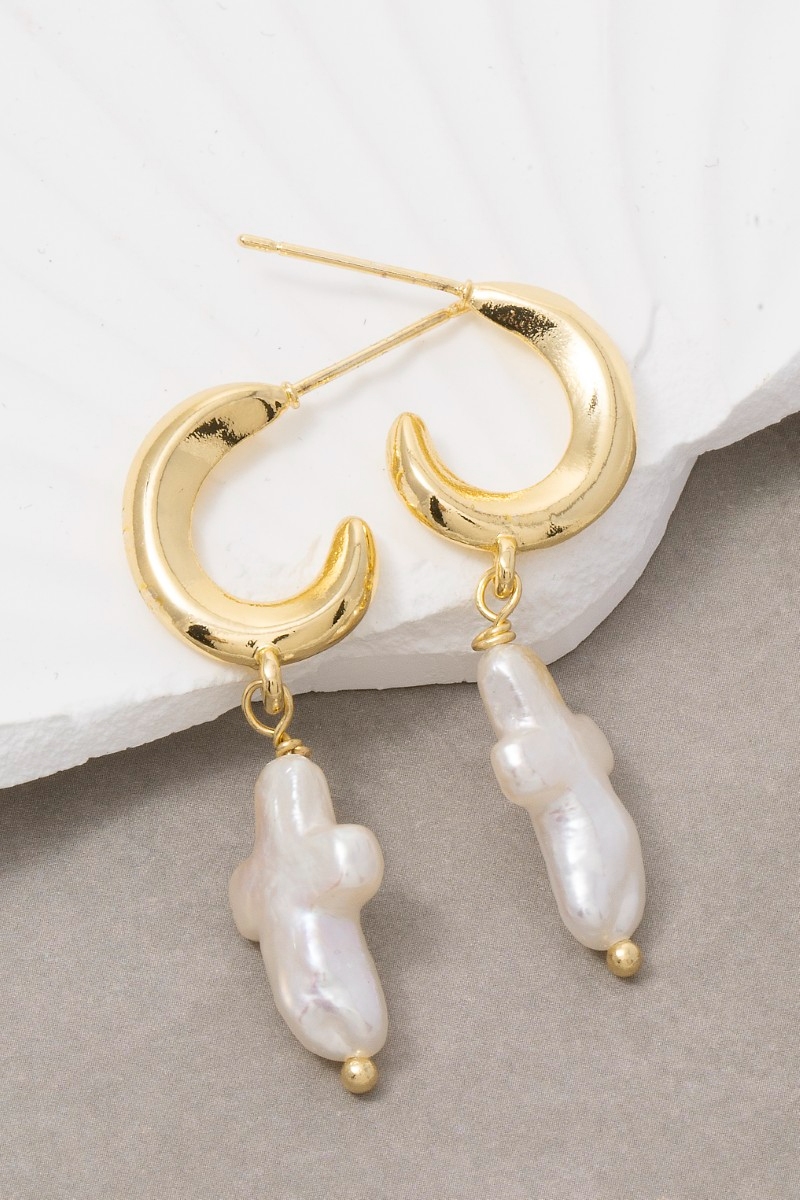 Gold Dipped Pearl Cross Hoop Earrings