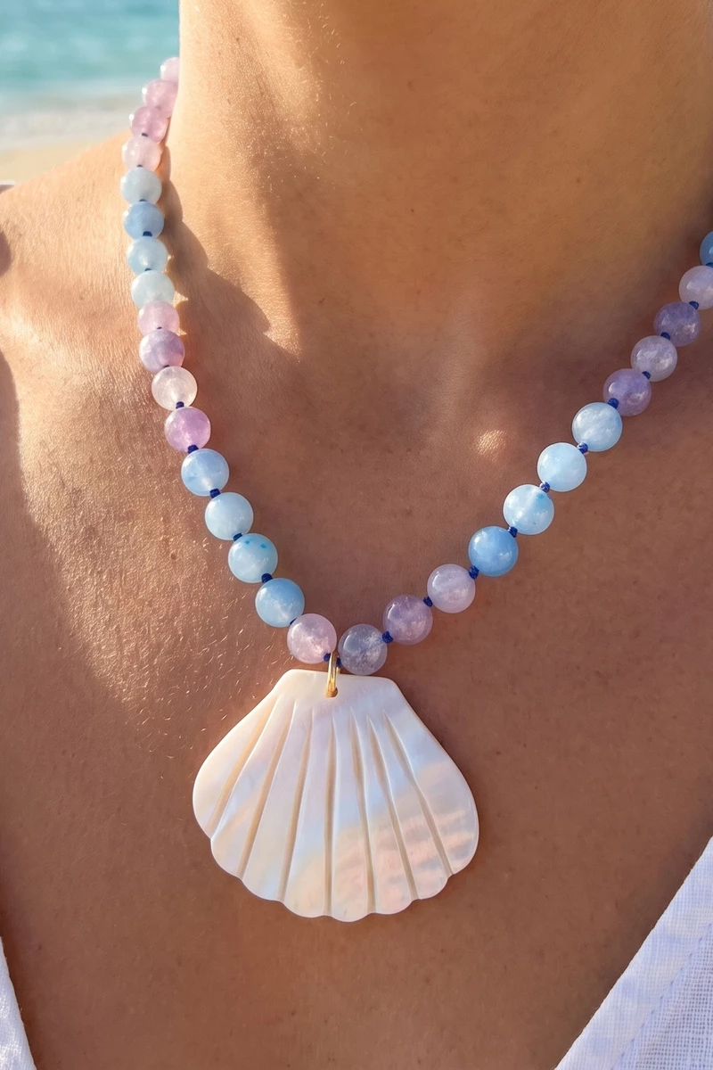 Semi Precious Bead Shell Pendant Necklace
