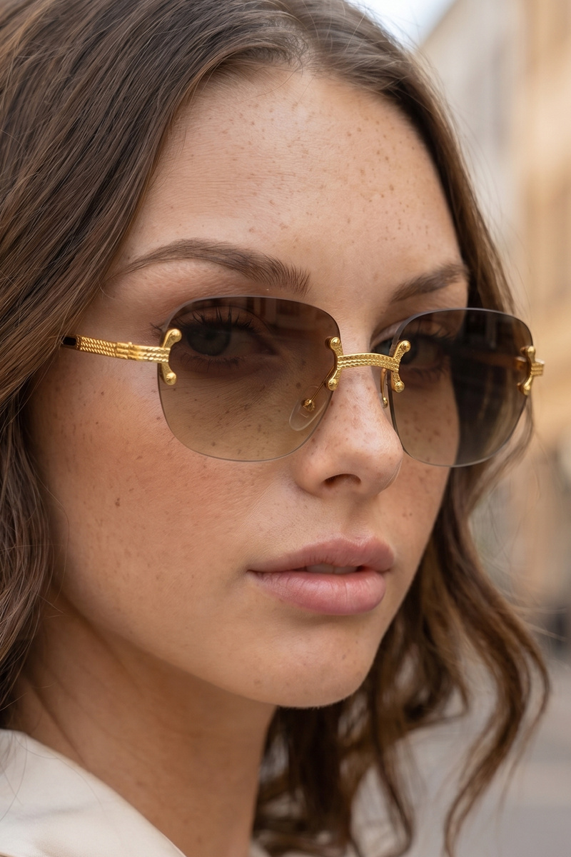 Rimless Rectangular Ornate Ribbed Hardware Sunglasses