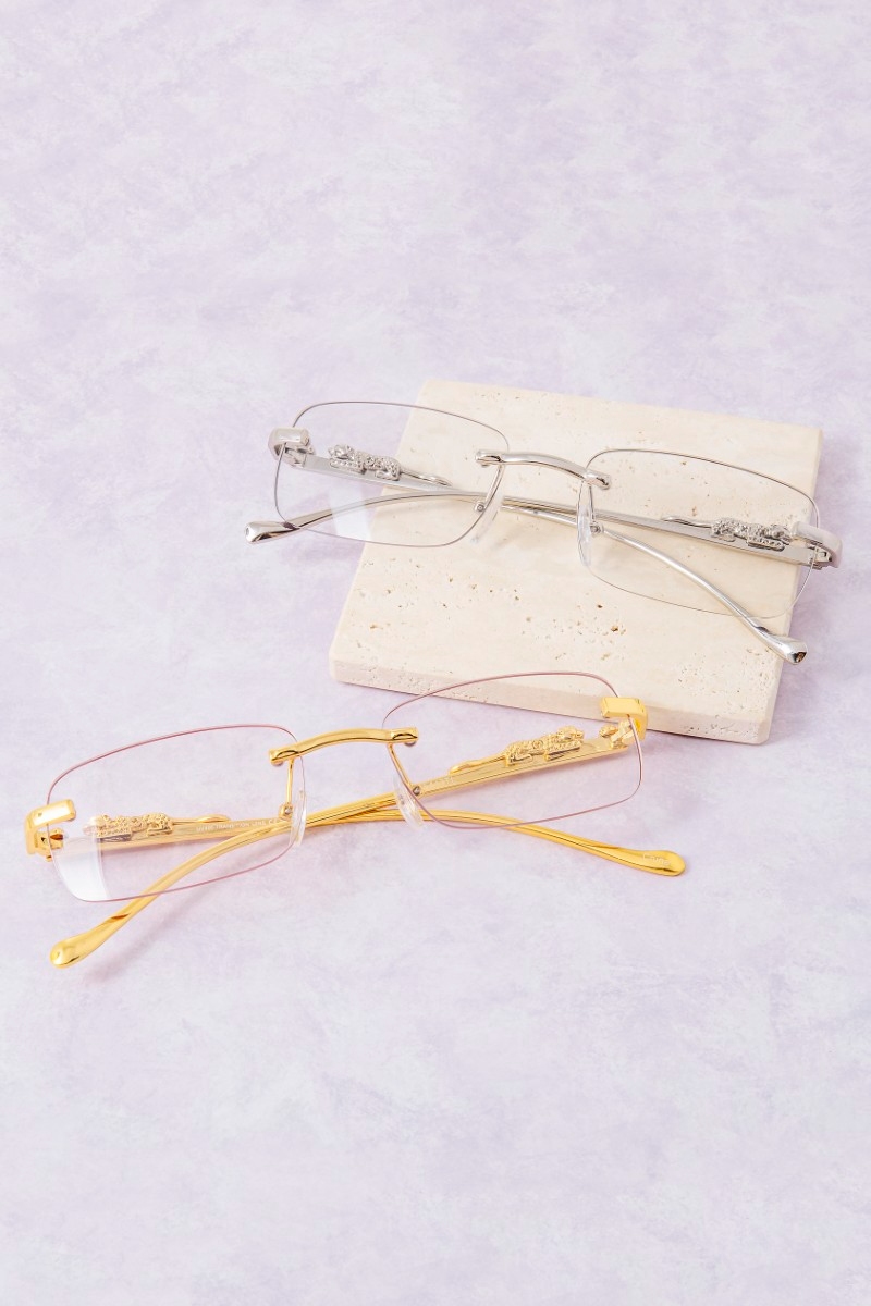 Rimless Rectangle With Ornate Panther Detail Sunglasses Set