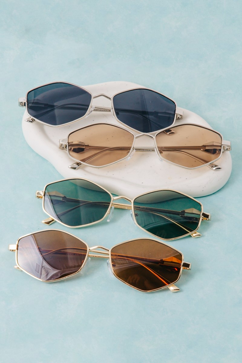 Geometric Hexagonal Metal Frame Sunglasses Set