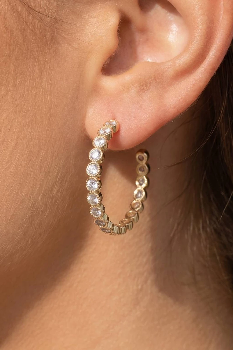 Bezel Set Cz Hoop Earrings