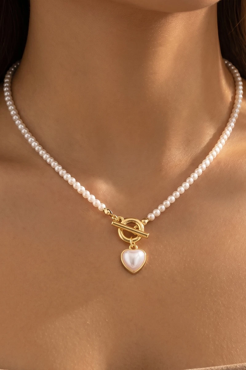 Pearl Bead Strand Heart Pendant Necklace