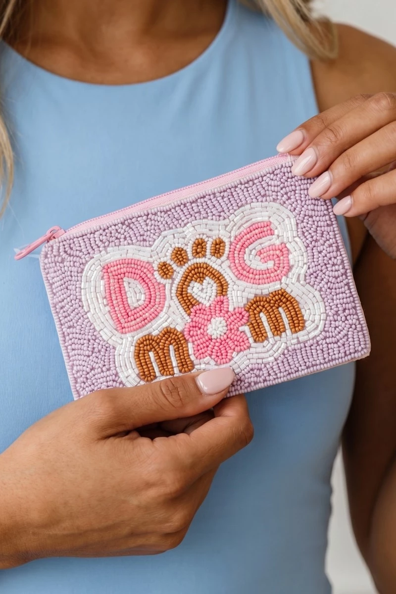 Dog Mom Beaded Coin Pouch With Paw Print