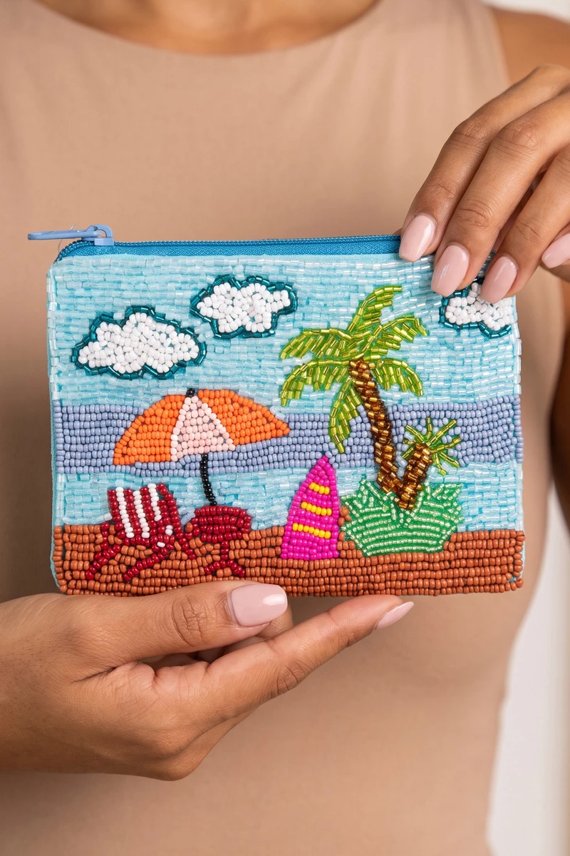 Beaded Beach Scene Palm Tree Coin Pouch
