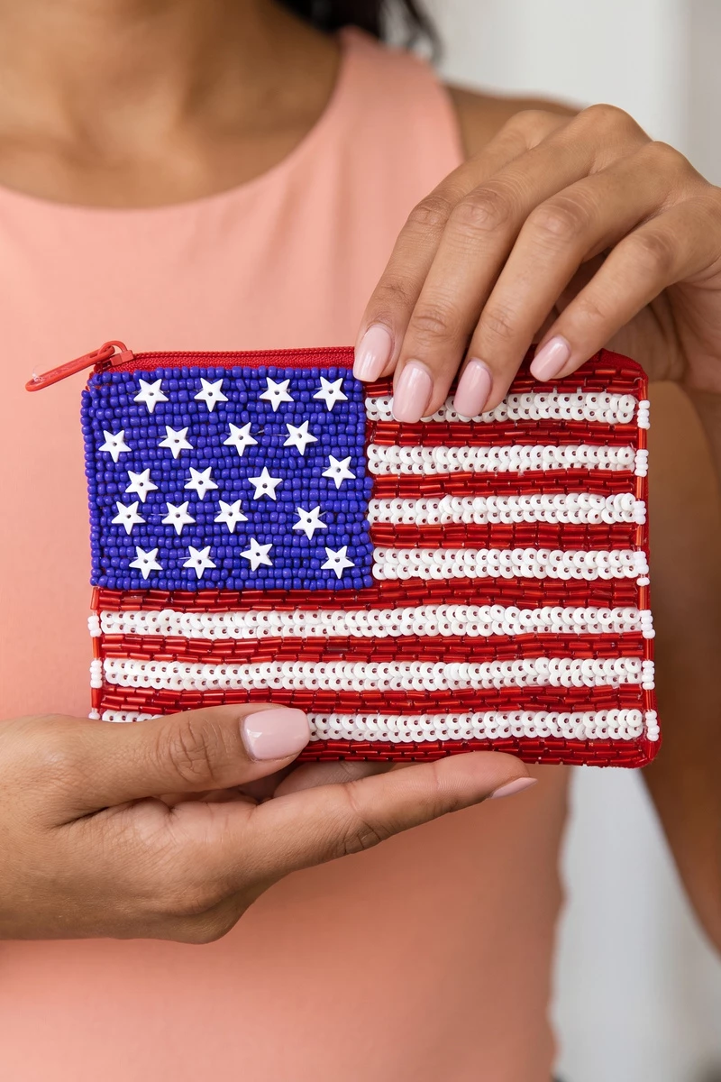 Beaded American Flag Stars Coin Pouch