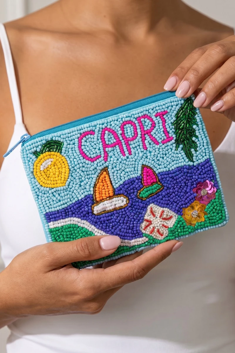 Capri Beach Scene Beaded Coin Pouch