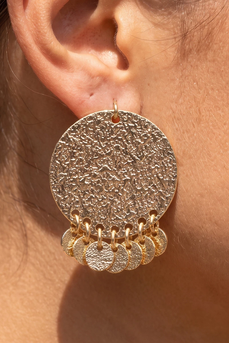 Textured Coin Fringe Disc Drop Earrings