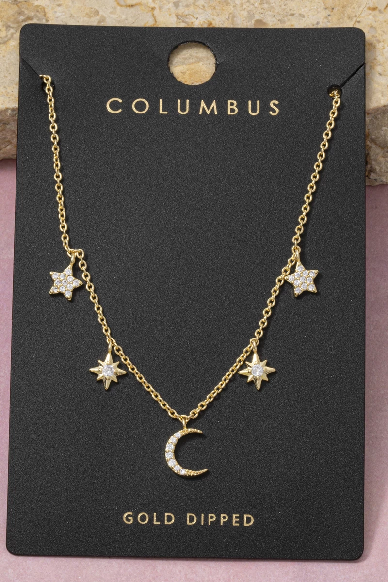 Pave Cz Star And Crescent Moon Station Necklace