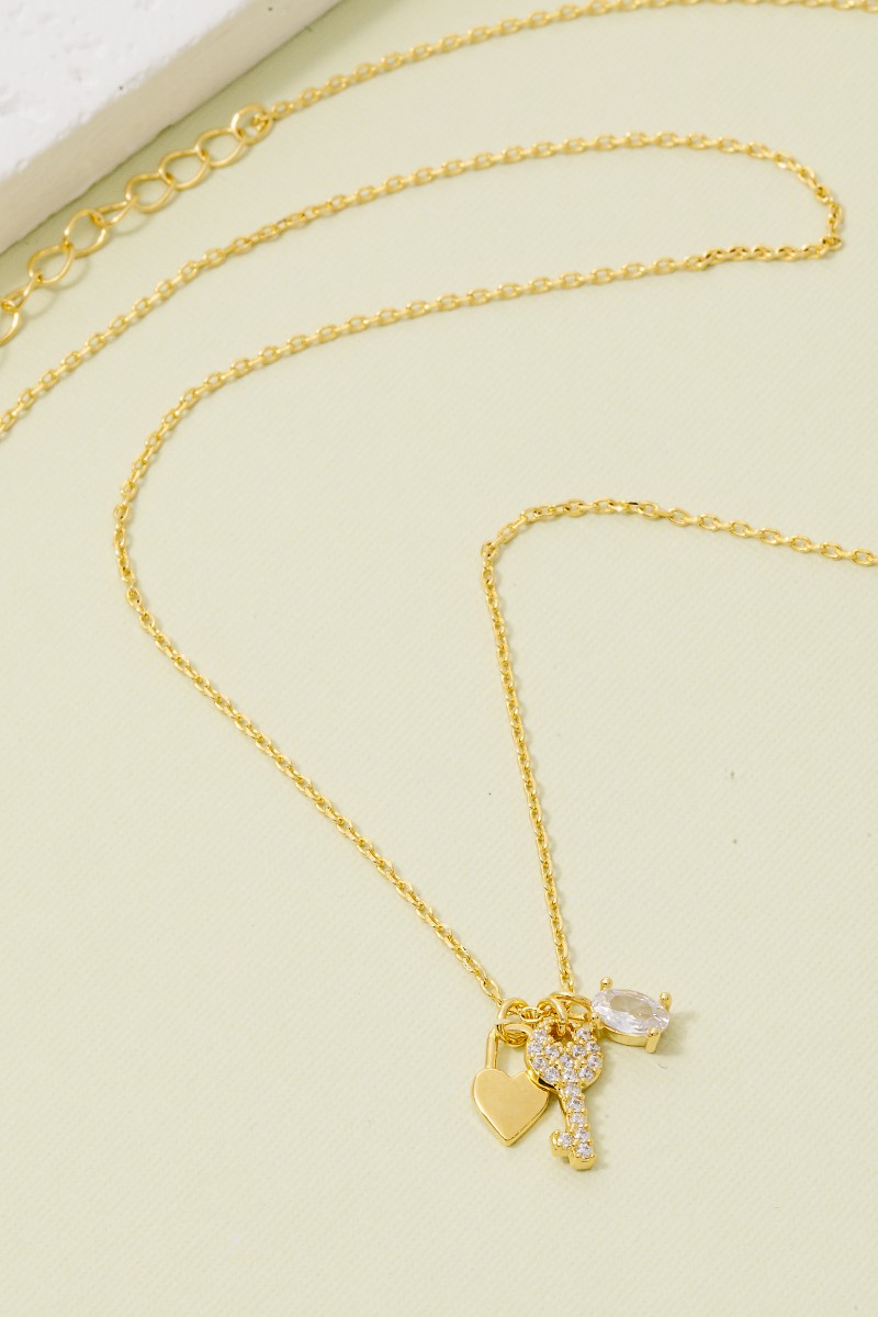 Gold Dipped Cz Oval Key And Lock Heart Charms Chain Necklace