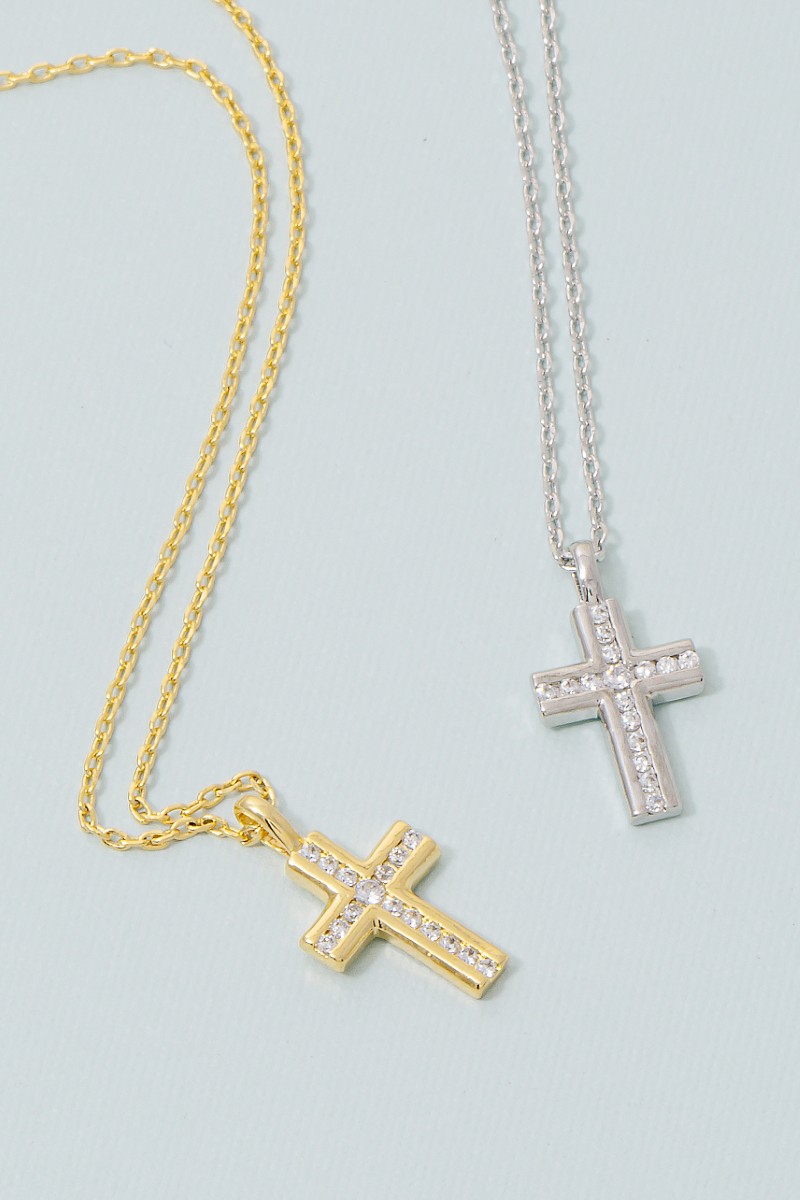 Gold Dipped Cz Pave Cross Pendant Necklace