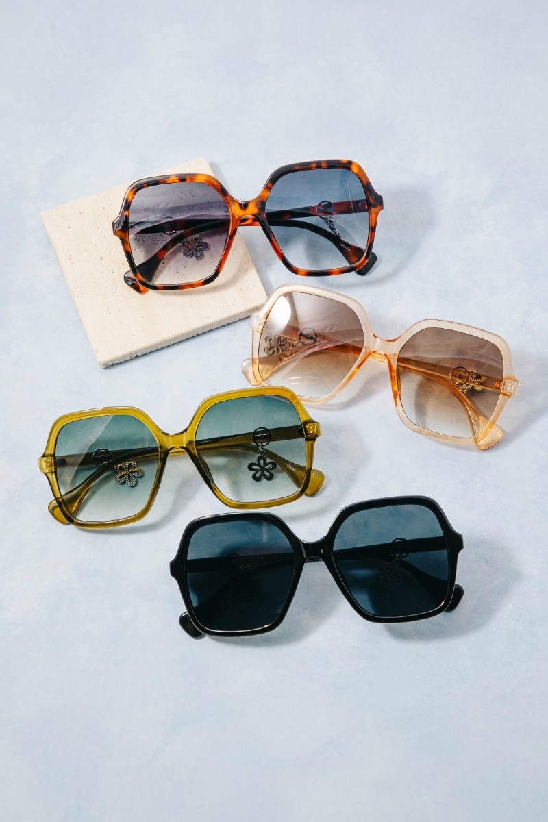 Oversized Round Acetate Frame Flower Accent Sunglasses