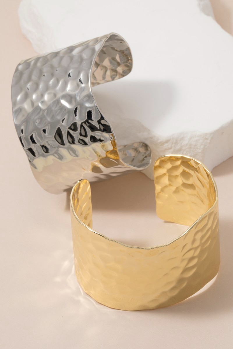 Wide Hammered Metallic Cuff Bracelet
