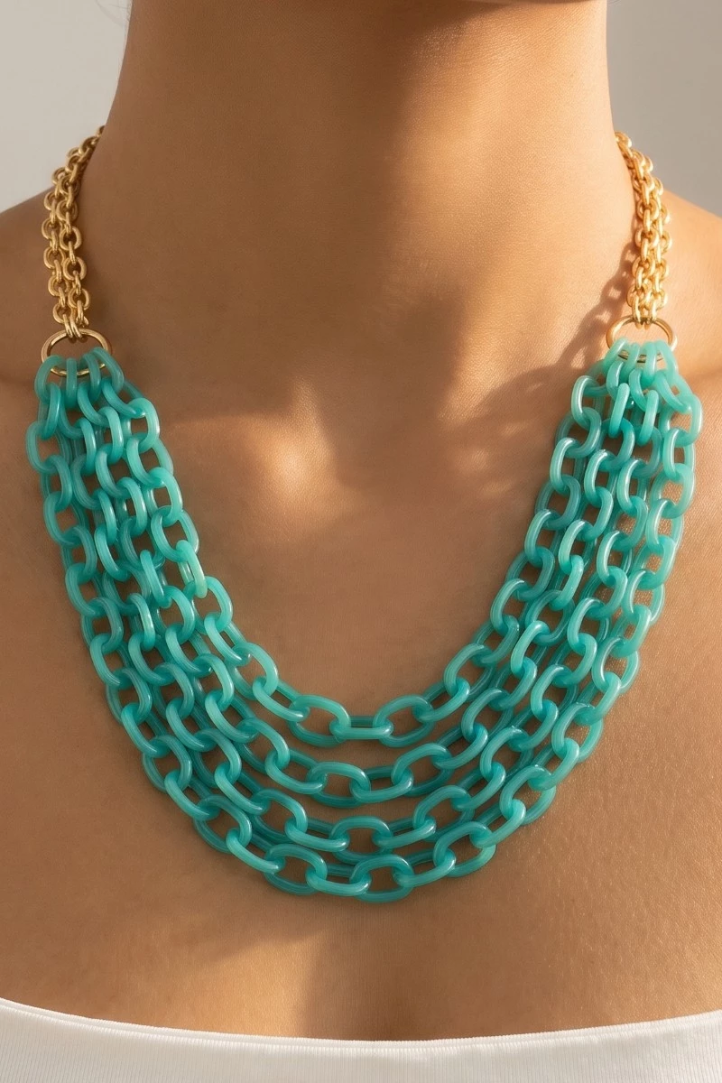 Gold Dipped Matte And Layered Acrylic Chain Statement Necklace