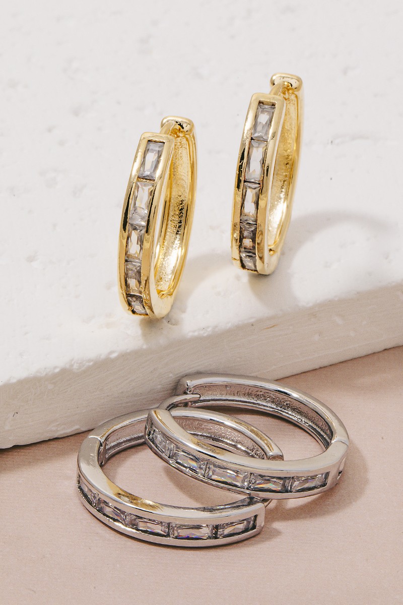 Baguette Pave Hinge Hoop Earrings