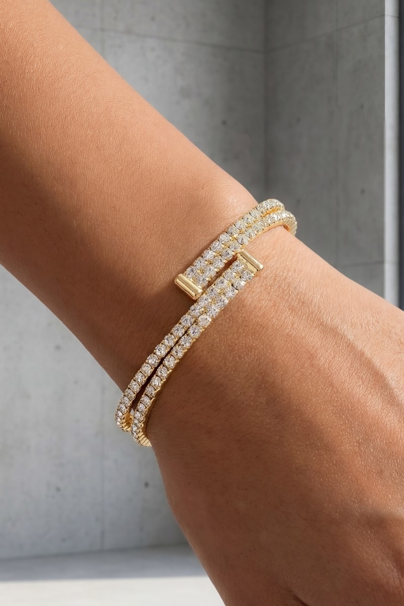 Double Row Cubic Zirconia Tennis Chain Cuff Bracelet
