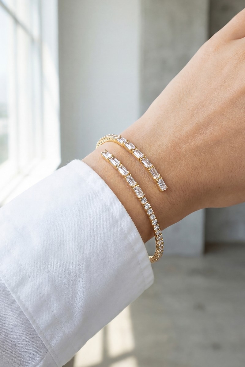 Cubic Zirconia Baguette Tennis Chain Cuff Bracelet