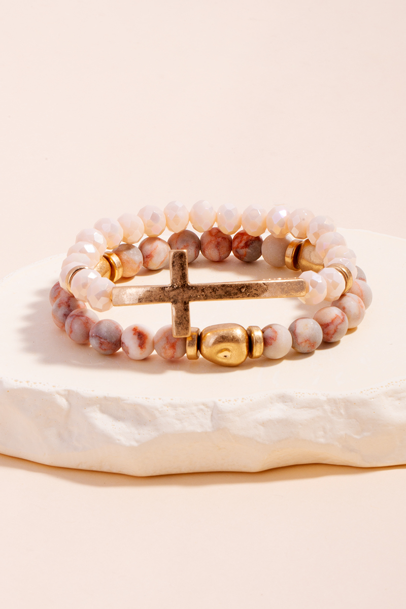 Cross Charm Stone Beaded Bracelet Set