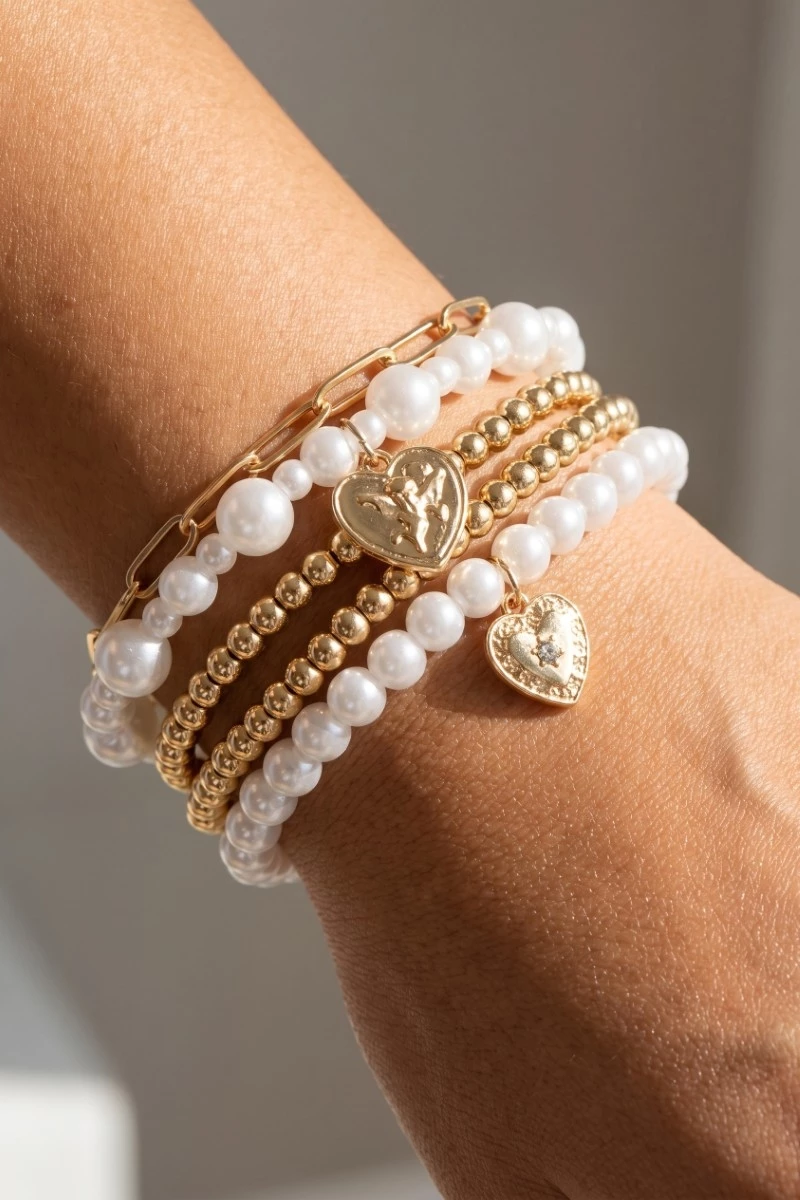 Multi Heart Charm Pearl And Metallic Beads Bracelet Set