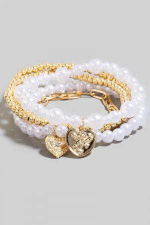 Multi Heart Charm Pearl And Metallic Beads Bracelet Set
